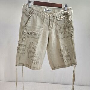 Monoterio Linen‎ Shorts Womens S Beige Patchwork Pockets Casual Festival